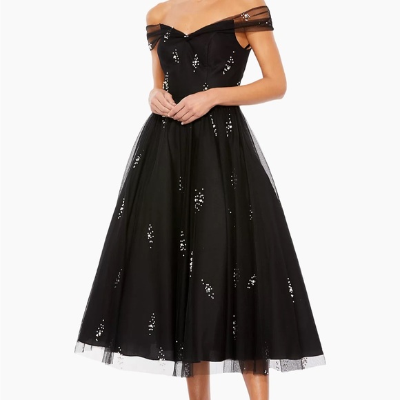 Mac Duggal | Dresses | Mac Duggal Off The Shoulder Beaded Fit And Flare  Dress | Poshmark